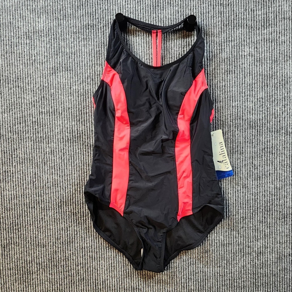 Catalina Swimsuit Womens Large Black Pink One Piece Racerback Colorblock NWT